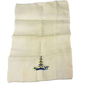 #4875 Vintage Beige cross stitch Asian handkerchief 13x9 linen NOS